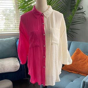 Versona Pink and Cream Button-Up Blouse